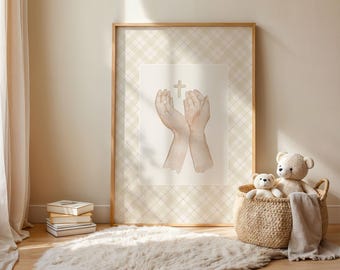 Neutral Christian Nursery Wall Art - Praying Hands Cross Print, Beige Gingham, Baby Room Religious Decor, Watercolour Christening Gift