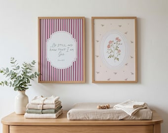 Pink Floral Christian Wall Art - Set of 2 Prints, Be Still and Know, Psalm 46 10, Botanical, Cottagecore Baby Girl Bedroom Decor