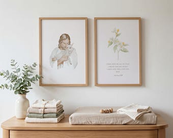 Neutral Christian Nursery Wall Art - Set of 2 Prints, Behold the Lamb of God, Matthew 11:28 Bible Verse, Baby Room Wall Decor