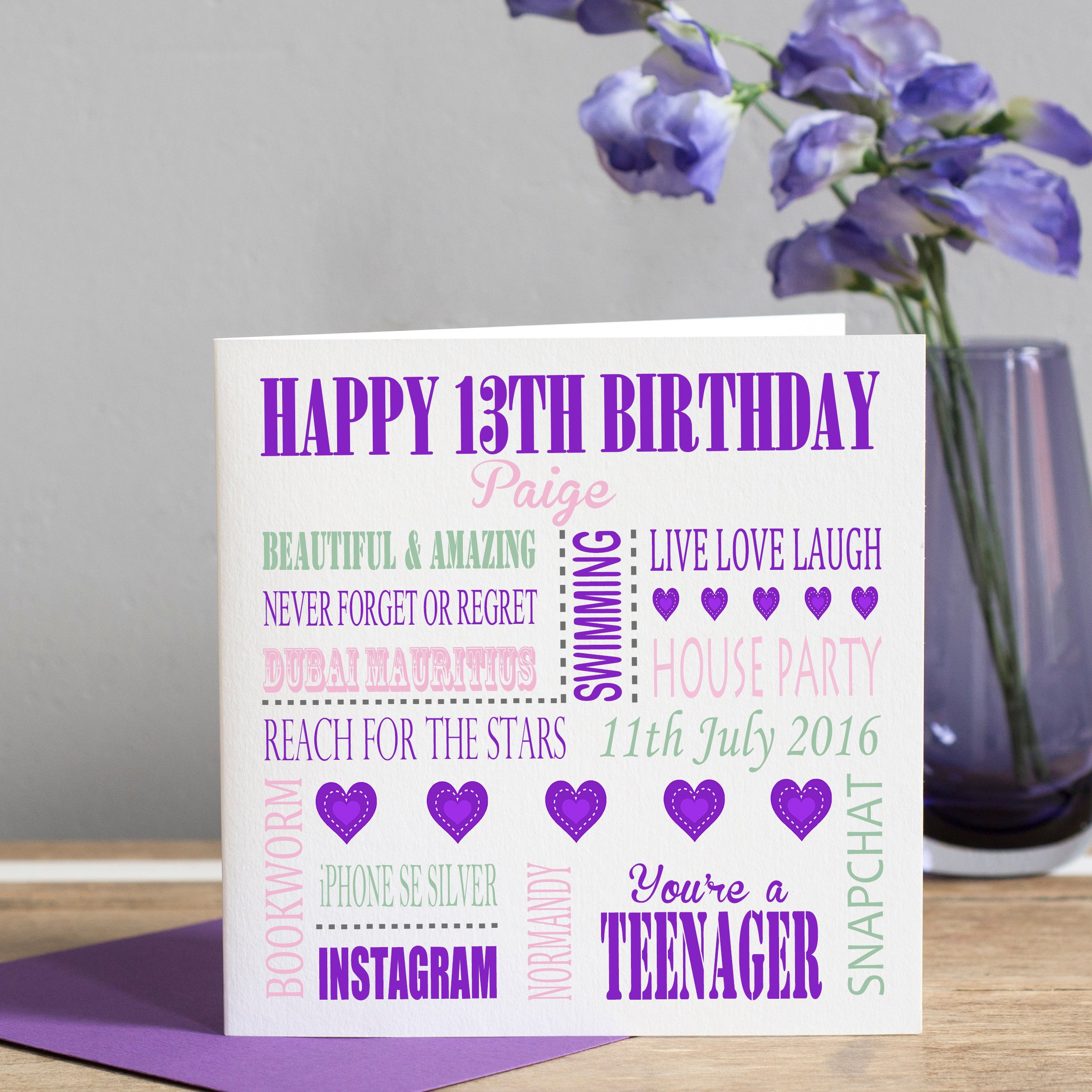 13th Birthday Card Girl, 13th Birthday Card Boy, Teenager Card Purple ...