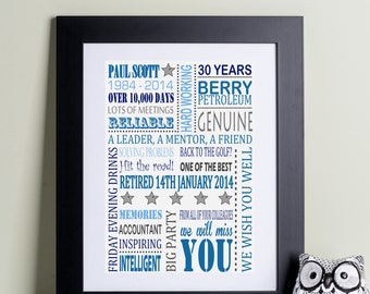 May include: A framed print with a blue and gray word cloud design. The text includes "Paul Scott", "30 Years", "Berry Petroleum", "Genuine", "Reliable", "Leader", "Mentor", "Friend", "Solving Problems", "Hit the Road", "One of the Best", "Retired 14th January 2014", "Memories", "Accountant", "Inspiring", "Intelligent", "Big Party", "We Will Miss You", "Friday Evening Drinks", and "We Wish You Well".