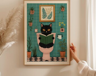 Cat on the Toilet" – Funny Bathroom Wall Art Print