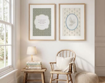 Sage Green Christian Wall Art - Set of 2 Prints, Praise the Lord, Psalm 150 6 White Dove Vintage Baby Room Decor