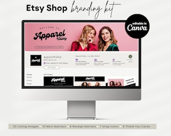 Puede incluir: Una maqueta de pantalla de ordenador que muestra un kit de marca para una tienda de Etsy llamada "Apparel Valley". El kit incluye 20 imágenes de productos, 10 banners principales, 6 banners de recibos, 7 iconos de tienda y 8 tarjetas de agradecimiento. El logotipo de la tienda es un diseño de texto estilizado que dice "Apparel Valley".