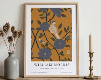 William Morris Blossom Beak Print, Mustard Botanical Wall Art, Vintage Bird & Floral Poster