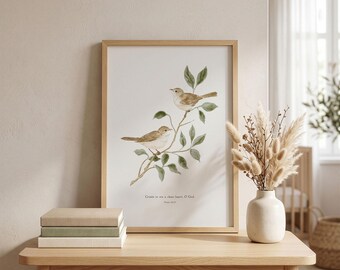 Neutral Christian Nursery Wall Art - Psalm 51 10 Sparrow Print, Create in Me a Clean Heart, Bird Branch Scripture, Religious Home Decor