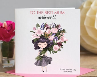 Flower Bouquet Mum Card,   Personalised Mum Birthday Card, Custom Mom Card, Mother's Day Card, Handmade, Personalised Mothers Day Card