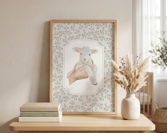 Blush Floral Nursery Wall Art - Baby Lamb in Hands Print, Ditsy Floral Cameo, Christening Baby Shower Gift
