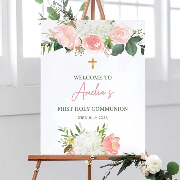 First holy communion welcome sign, blush pink holy communion sign, girl's first holy communion decor