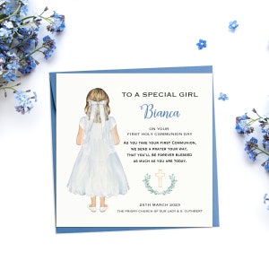 Special Girl First Holy Communion Card, Personalised 1st Holy Communion Card for Girl, Handmade Girl's Holy Communion Card Blue