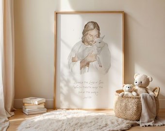 Neutral Christian Nursery Wall Art - John 1:29 Jesus and Lamb, Behold the Lamb of God, Watercolour Scripture Print, Religious Baby Decor
