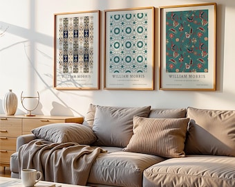 William Morris Prints, Set of 3 Prints, Teal Botanical Art, Vintage Exhibition Poster, Blue Gallery Wall Set