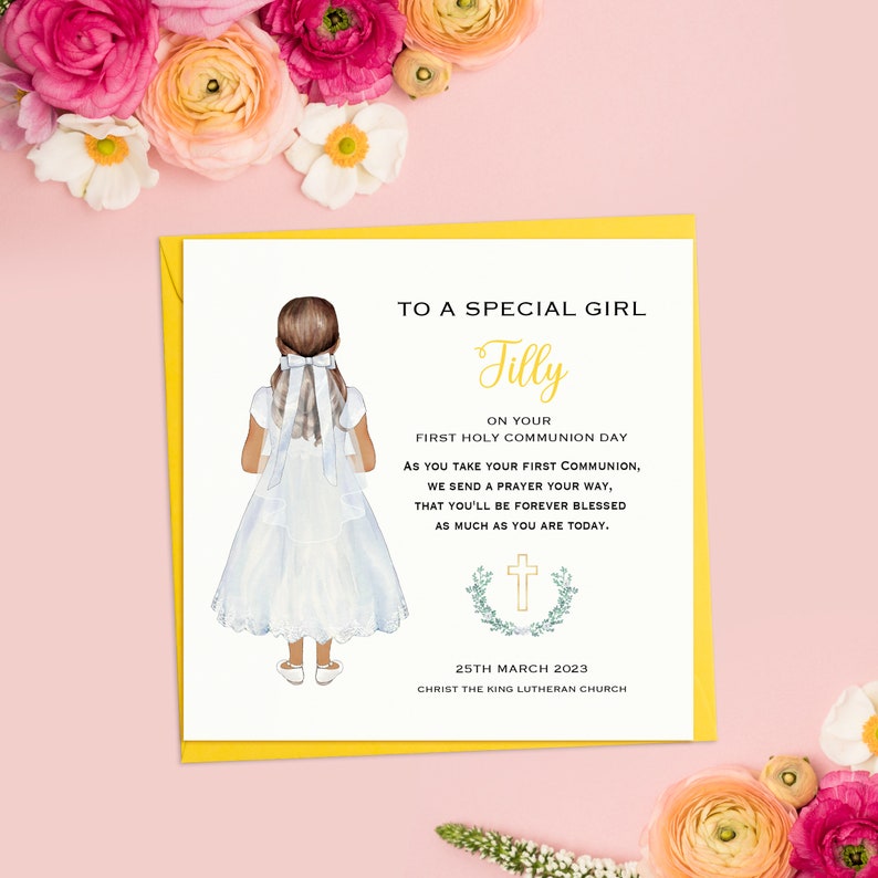 Special Girl First Holy Communion Card, Personalised 1st Holy Communion Card for Girl, Handmade Girl's Holy Communion Card Yellow