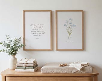 Blue Floral Christian Wall Art - Set of 2 Prints, Psalm 131 2, Forget Me Not Botanical, God Spoke in Flowers, Baby Bedroom Decor