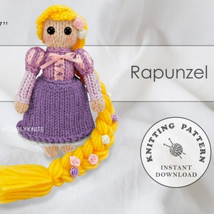 May include: Knitting pattern for a 6-7 inch tall Rapunzel doll. The doll is wearing a purple dress with a pink ribbon and has long blonde hair. The pattern includes instructions for making the doll's hair, dress, and face.