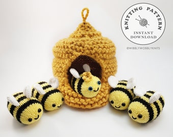 Hide-Away Beehive and Bees Instant Download PDF Knitting Pattern