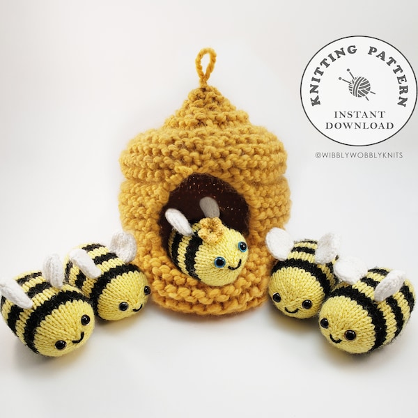 Hide-Away Beehive and Bees Instant Download PDF Knitting Pattern