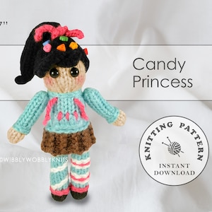 May include: Knitting pattern for a Candy Princess doll, 6-7 inches tall. The doll is wearing a blue sweater, brown skirt, and striped stockings. The pattern includes a round sticker with the text "Knitting Pattern" and "Instant Download".