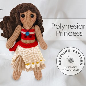 May include: Knitting pattern for a Polynesian princess doll, 6-7 inches tall. The doll is wearing a red top, a brown skirt, and a blue necklace. The pattern includes instructions for knitting the doll's hair, face, and clothing. The pattern is available for instant download.