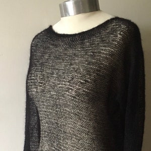 Slouchy Mohair Boat-Neck Sweater Dress/Tunic, Sheer Long Top Loose Knit Black Pullover Hand-Crafted See-Through Loose Fit Goth Bridal Jumper