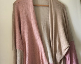 Block Colour Pure Cotton Loose-Knit Oversize Cardigan, UK Hand-Made Knit Open Sweater, Long Blousing Balloon Sleeves, Soft Eco Vegan Yarn