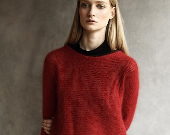 Angora Fluffy Sweater, Red Boat-Neck Pullover, Soft Furry Ethical Sustainable Jumper, Handcrafted in the UK, Wool Long Sleeves Hand-Made