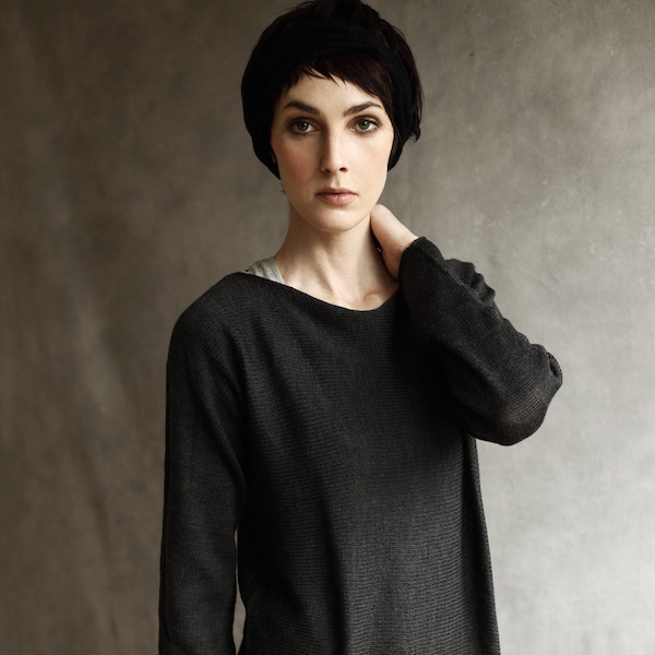Merino Wool Knitted Tunic - Short Dress, Charcoal Grey Slash-Neck, Hand-Made, Long Sleeved, Top Of Thigh To Mid-Thigh Length, Hand-Loomed