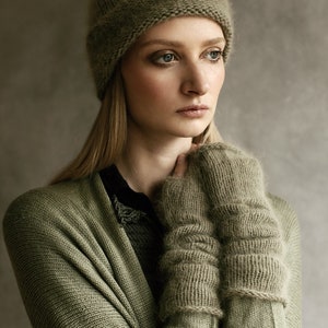 Long Angora Mittens / Soft Fluffy Warm Wool Fingerless Gloves/ Hand Made in the UK Eco Sustainable Wrist warmers Khaki Green Black Grey Blue