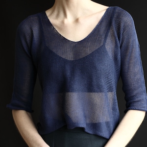 Vegan V-Neck Short Sweater, Loose Knit, 100% Cotton Open Stitch Sheer Knitted Summer Top, 3/4 Sleeve, Navy, Black, White, Cream, Silver, Red