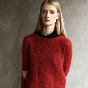 Angora Fluffy Sweater, Red Boat-Neck Pullover, Soft Furry Ethical Sustainable Jumper, Handcrafted in the UK, Wool Long Sleeves Hand-Made