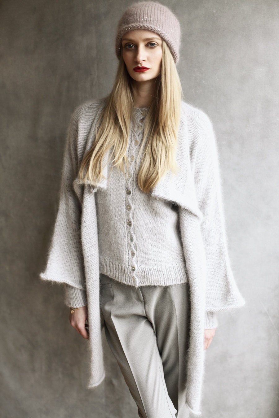 Image of Angora Wool Knitted Cardigan, Fluffy Hand-Crafted Open Sweater Furry Wrap Waterfall Collar Silver Hand-Loomed Long Line Sleeves