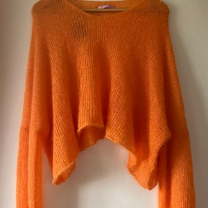 Mohair Balloon-Sleeved Oversize Cropped V-Neck Sweater, Wedding Pullover, Bridesmaid Top, Pumpkin Orange Very Slouchy Ethical Bridal Crop