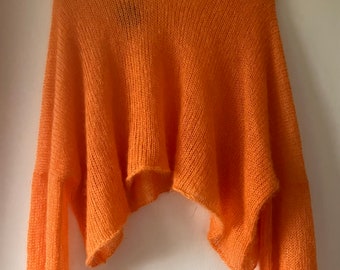 Mohair Balloon-Sleeved Oversize Cropped V-Neck Sweater, Wedding Pullover, Bridesmaid Top, Pumpkin Orange Very Slouchy Ethical Bridal Crop