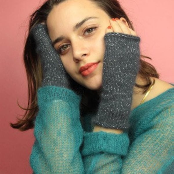 SOLDES sur Mitaines en laine angora duveteux fabriquées à la main chauffe-poignets chauffe-bras gants sans doigts tricotés rose, bleu, gris