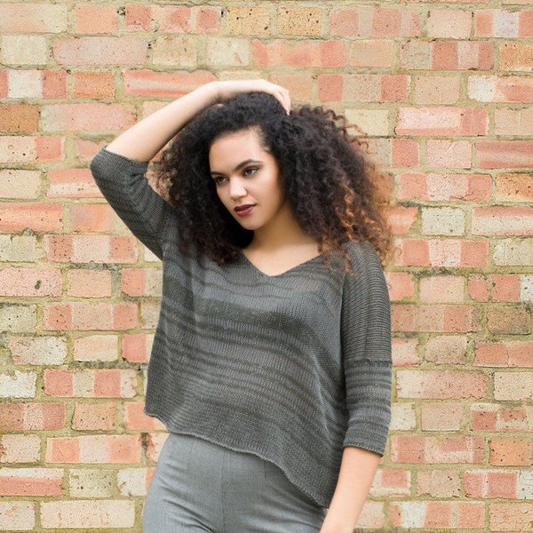 100% Chunky Cotton Knitted Sweater / Top / T-Shirt / V-Neck, Loose Fit, Marl Dark Olive And Khaki, Hand-Made Knitted 3/4 Sleeve