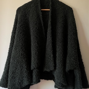 Very Dark Green Bouclé Wool Cardigan with Long Wide Sleeves, Curly Alpaca/Merino Jacket, Very Chunky Knit, Furry Kimono, Minimalist Style