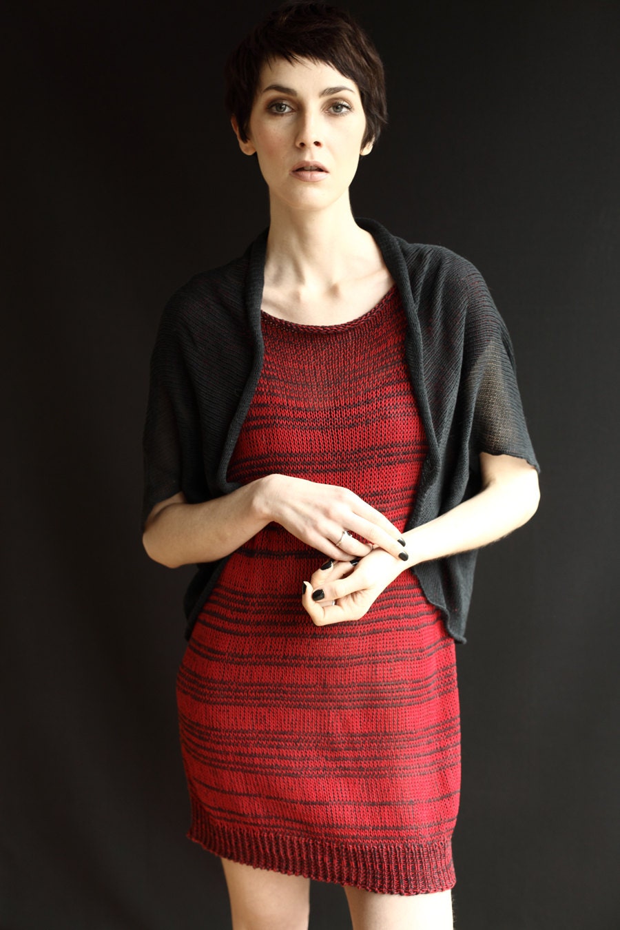 Image of % Chunky Cotton Sleeveless Vegan Knitted Dress, Black & Red Marl Cap-Sleeved/Short Sleeved/Boho Shift With Ribbed Hem, Festival Dress