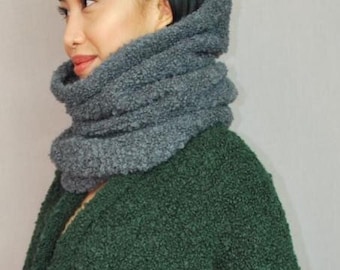 Curly Alpaca Snood Scarf, Textured Custom, Handcrafted in the UK, Teddy Circle Cowl Collar, Black, Grey, Green, Red, Navy, Dove Nude Silver