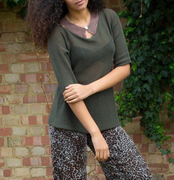 Image of % Cotton Boat-Neck Pullover T-Shirt Style Loose-Knit Jumper, Sheer, Dark Olive Green, Knitted Top, Tunic, Sweater Festival Boho