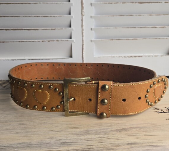 STUDDED HEART LEATHER BELT -BLACK NOCONA BELT Girls Brown Leather Studded Belt Pink Hearts  main image 4