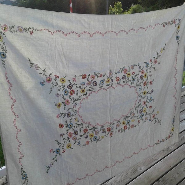 Vintage Hand Embroidered Floral Linen Tablecloth 66 X 48 Inches