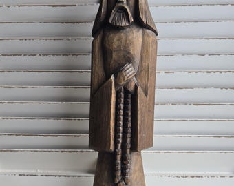 Wood Carving Religious Man/Monk Holding Rosary