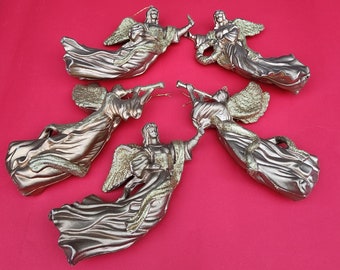 Vintage Plastic Molded Angel Ornaments Gold With Glitter Set Of Five