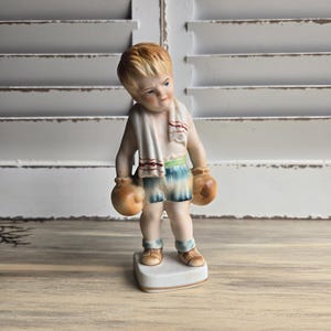 Vintage Ucagco Japan Handpainted Ceramic Boy With Boxing Gloves, Shorts And Towel Figurine - He Means Business!!