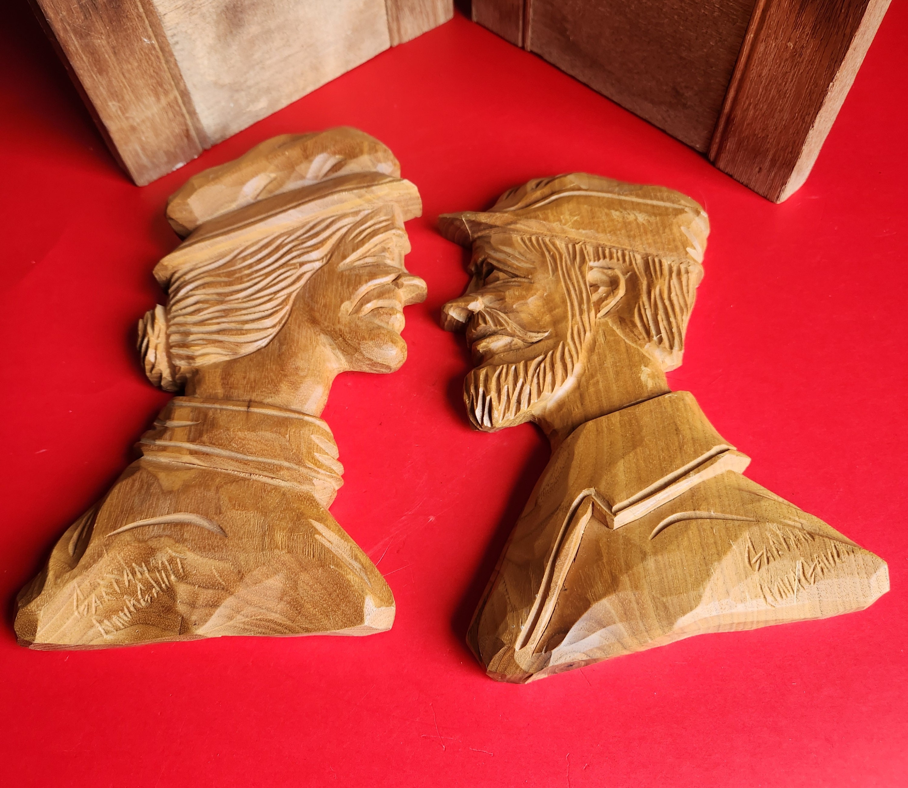 Vintage Gaetan Bourgault Carved Wood Man And Woman Folk Art