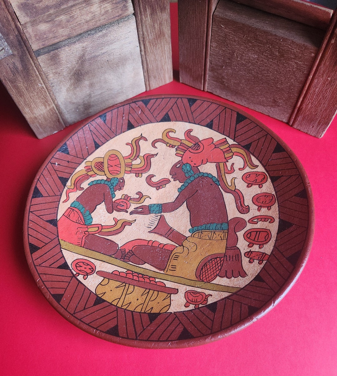 Vintage Mayan Aztec Terracotta Plate Wall Hanging South American Wall