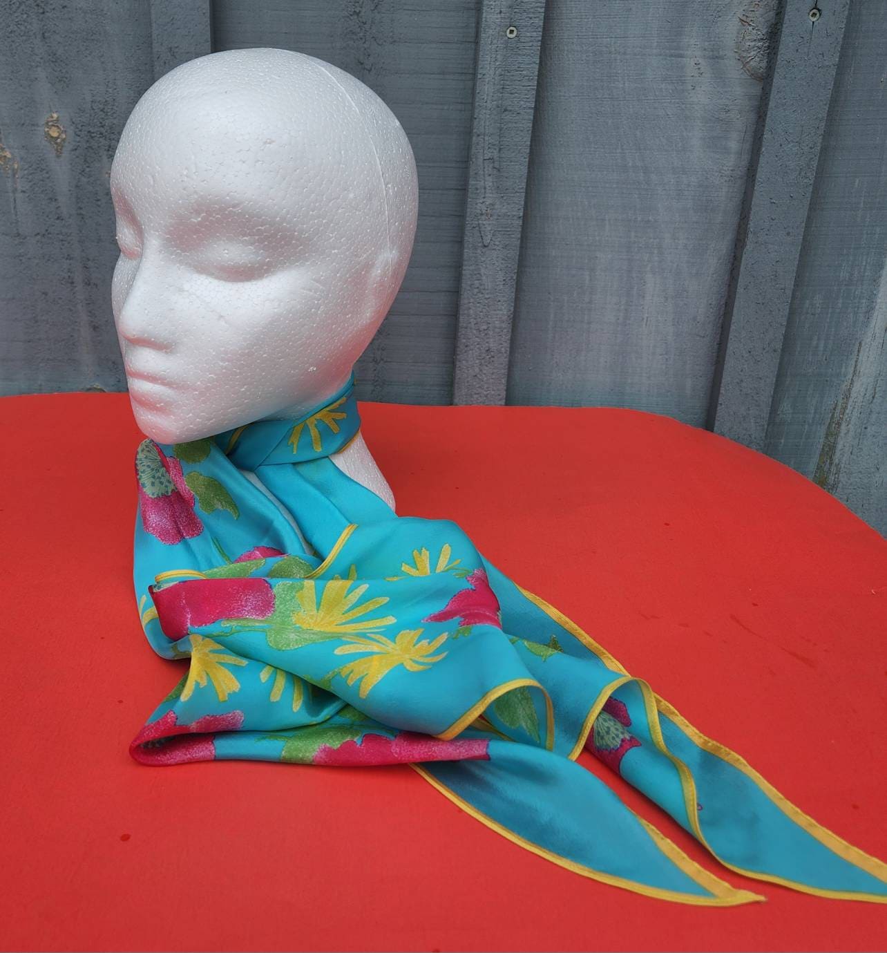 Vintage Vana Turqoise Pink Yellow Floral Silk Scarf Made in