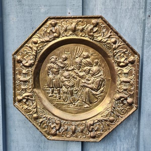 Vintage Rustic Copper Repousse Plate Octagonal Wall Hanging Frenchmen Scene Cabin Pub Decor