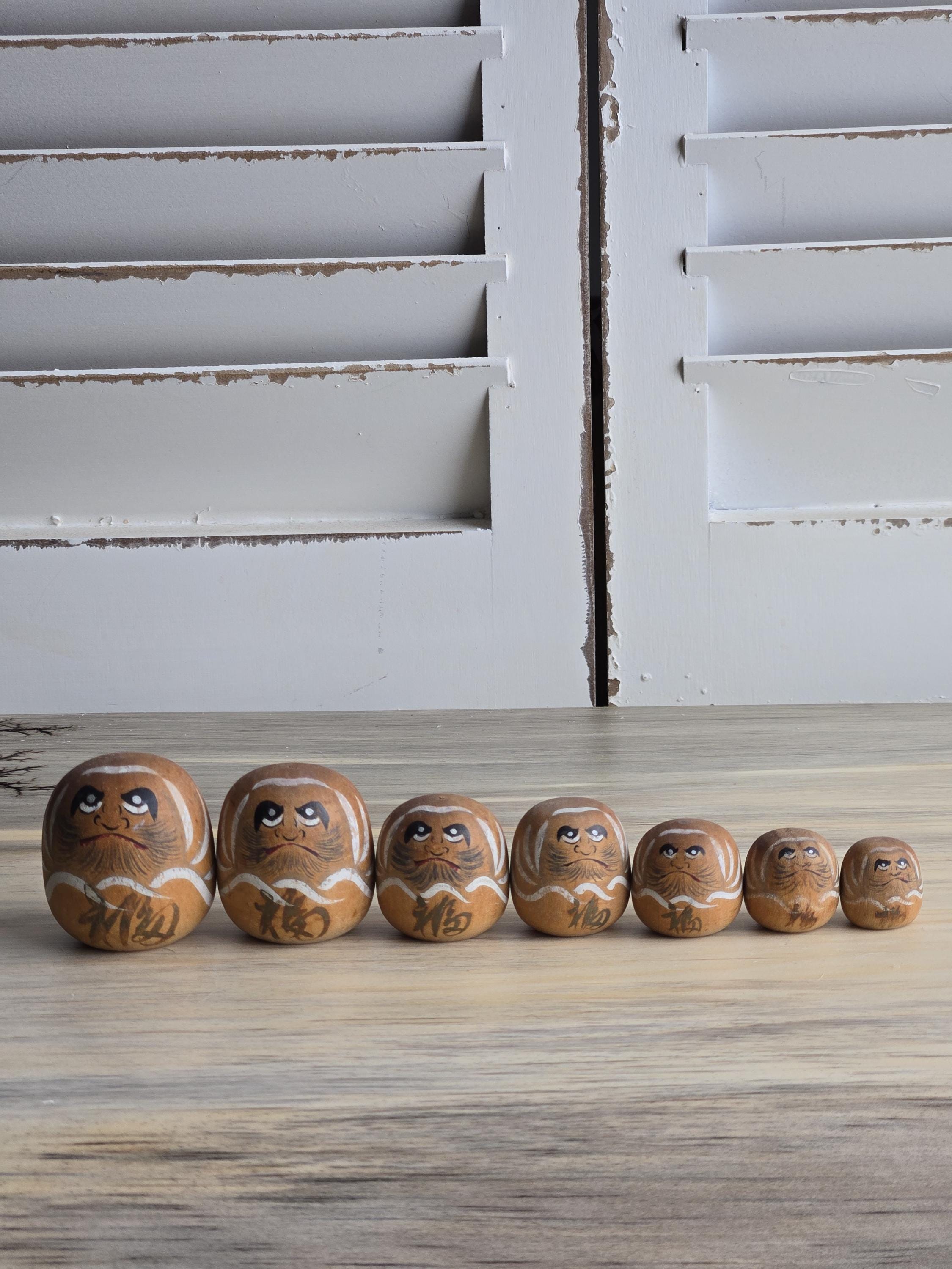 Vintage Daruma Wood Painted Miniature Doll Set of Seven Made in