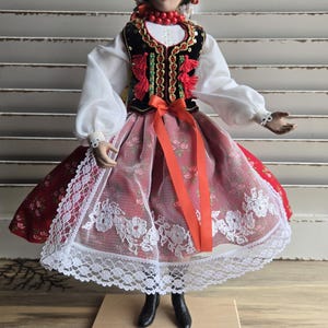 Vintage Collectible Polish Souvenir Doll In Traditional Costume On Wood Base 14 Inches Tall